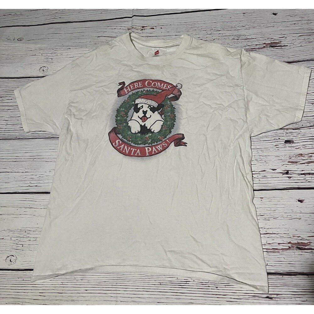 Big Dogs White Here Comes Santa Paws T shirt Size XL Hanes Defects